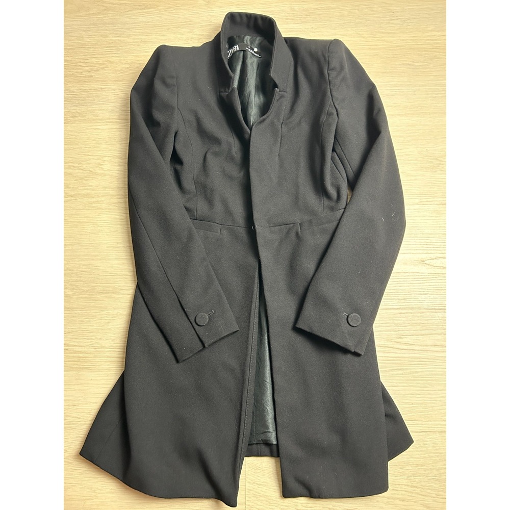 ZARA Womens XS Black Frock Coat Open Front Blazer Peplum High Collar Long Jacket